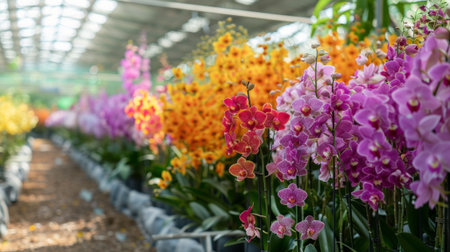 Different colored flowers lined up in greenhouseの素材