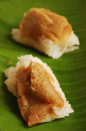 Egg custard with sweet sticky rice, exotic Thai sweetの写真素材