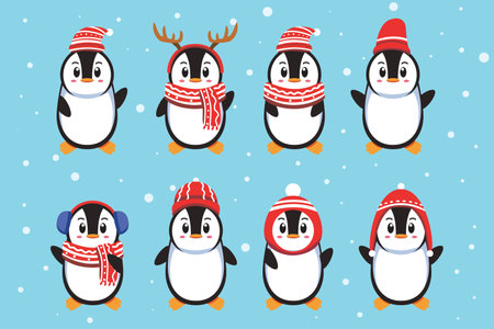 flat style of Penguin wearing winter hat and scarfのイラスト素材