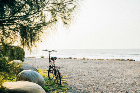 Cyclist on the beach in the morning. Healthy lifestyle concept.の写真素材
