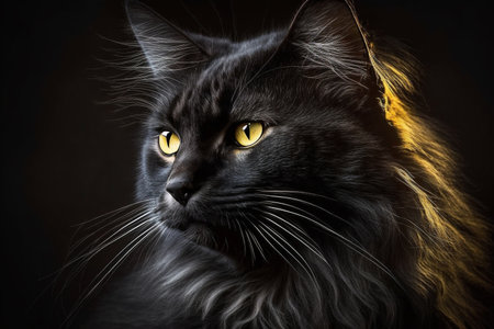 Portrait of a black cat with yellow eyes on a black backgroundの素材