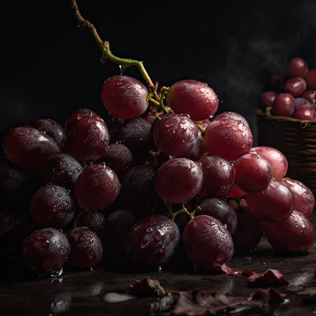Bunch of fresh red grapes with water drops on black background.の素材