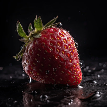 Strawberry with water drops on a black background. close upの素材