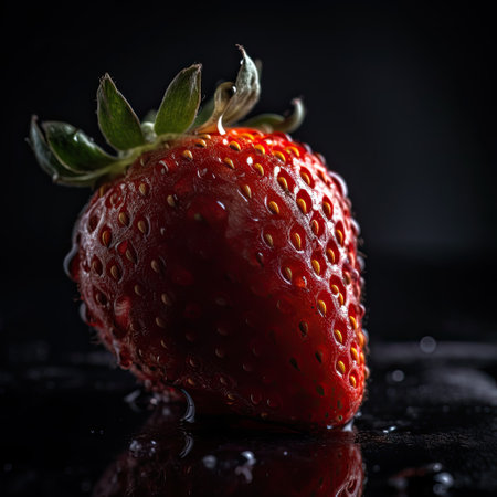 Strawberry on a black background with water drops. Selective focus.の素材