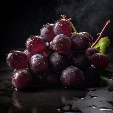 Bunch of red grapes with water drops on a dark background.の素材