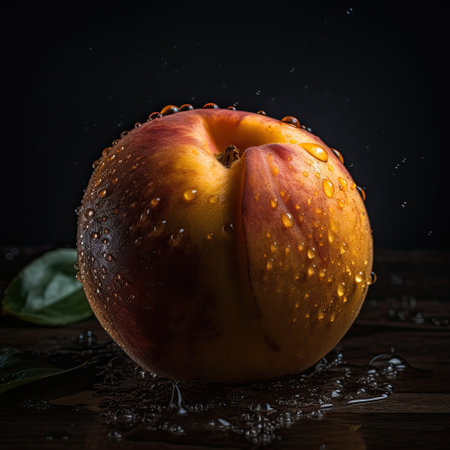 Fresh ripe peach with drops of water on wooden table, black backgroundの素材