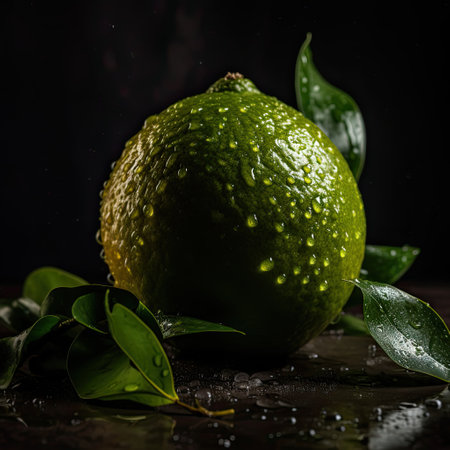 Ripe green lime with drops of water on a black background.の素材