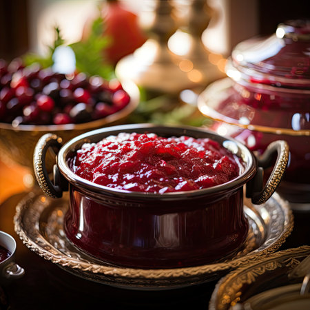 Cranberry sauce in a ceramic pot. Selective focus.の素材