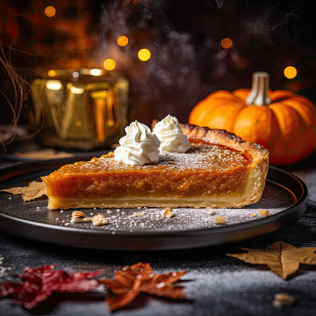 Pumpkin pie with whipped cream on a black plate on a dark backgroundの素材
