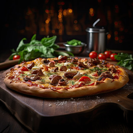 Pizza with meat, mushrooms and vegetables on a dark wooden backgroundの素材