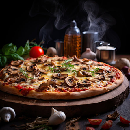Pizza with mushrooms, tomatoes and cheese on a dark background.の素材