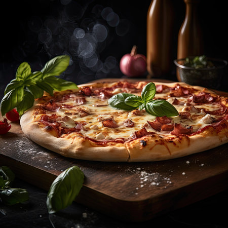 Pizza with salami, mozzarella and basil on black backgroundの素材