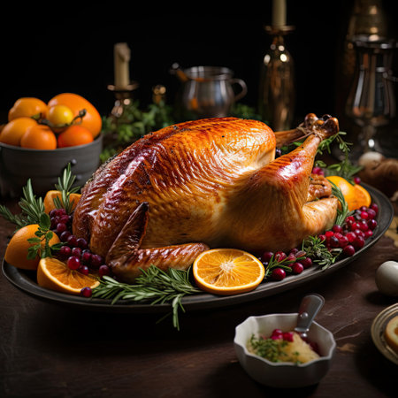 Roasted turkey with cranberries, oranges and rosemary on a dark background.の素材