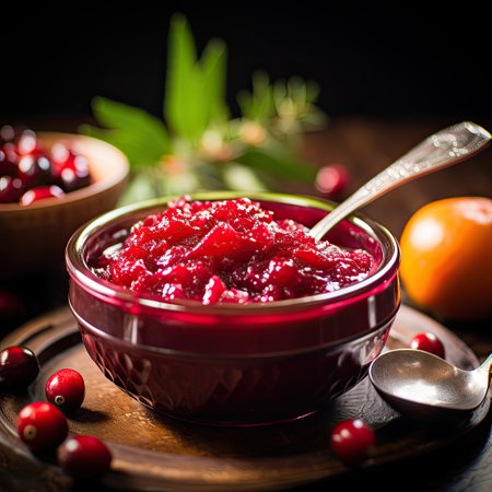 Cranberry sauce in a bowl on a wooden background. Selective focus.の素材