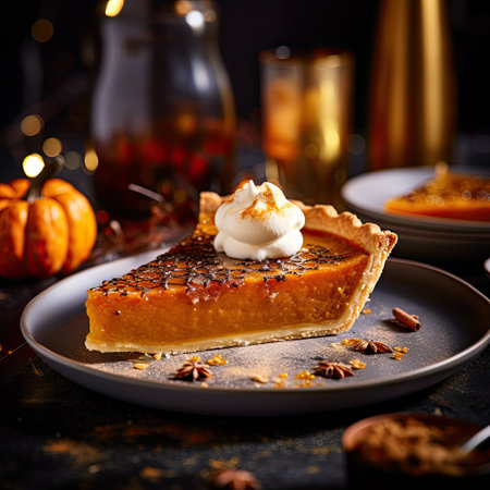 Pumpkin pie with whipped cream and caramel on a dark backgroundの素材