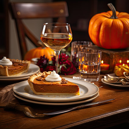 Pumpkin pie with whipped cream and a glass of white wineの素材