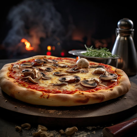 Pizza with mushrooms and rosemary on a dark wooden background.の素材