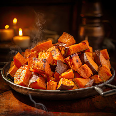Baked sweet potato with spices on a wooden table.の素材