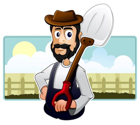 A Farmer is standing in front of his farm and holding a scoopのイラスト素材