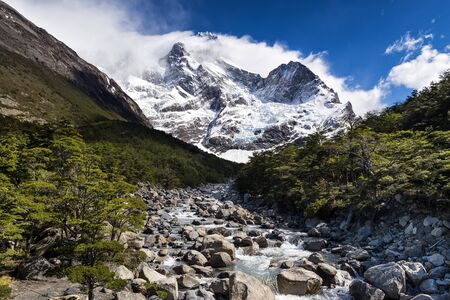 River and Glacier del Frances in Torres del Paine National Parkの写真素材