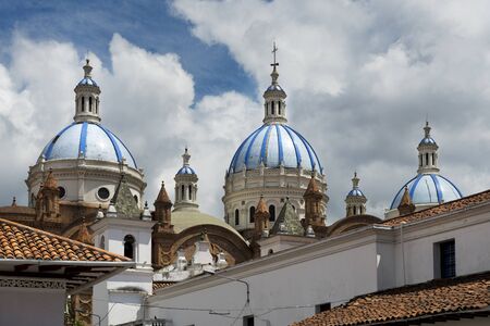 Detail of the blue domes of the Cathedral in Cuenca, Ecuador, South Americaの写真素材