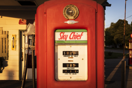 Dwight, Illinois, USA - July 5, 2014: Old Gas Pump at a gas station along the Route 66 in Dwight, Illinois, USA.のeditorial素材
