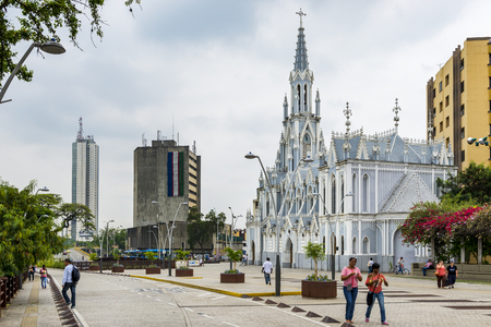 Cali, Colombia - February 6, 2014: People in a street in front of the La Ermita Church in city of Cali, Colombiaのeditorial素材