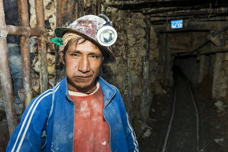 Potosi, Bolivia - November 29, 2013: One miner at the entrance of the silver mine of the Cerro Rico in Potosi, Bolivia.のeditorial素材