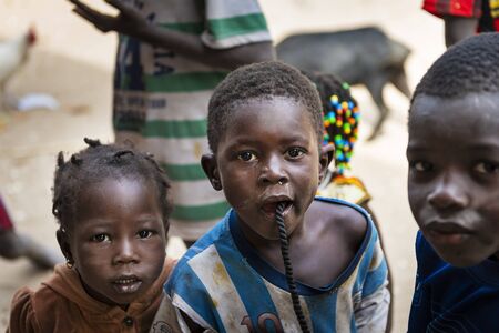 Orango Island, Guinea-Bissau - February 3, 2018:  Group of children at the village of Eticoga in the...