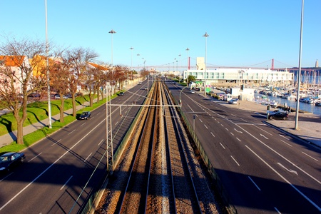 Railroad track at the historic quarter of Belem 