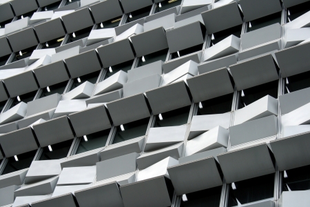 Detail of the square shaped windows of a bulding located at the Nations Park in city of Lisbon,...