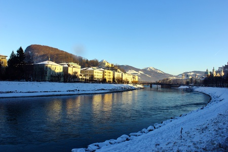 View over the river Salzach at Salzburg, Austriaの写真素材
