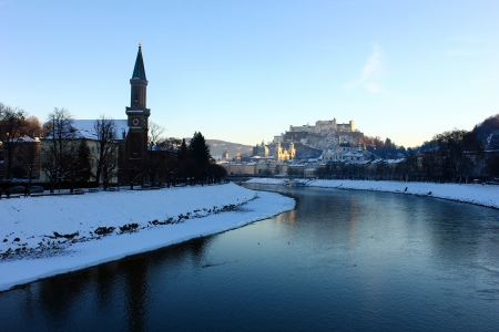 View over the river Salzach at Salzburg, Austriaの写真素材