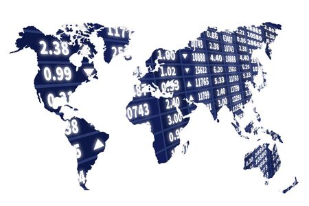 Abstract illustration of world map over stock market dynamic screenの写真素材
