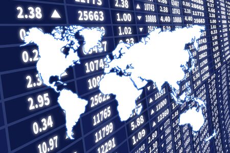 Abstract illustration of world map over stock market dynamic screenの写真素材