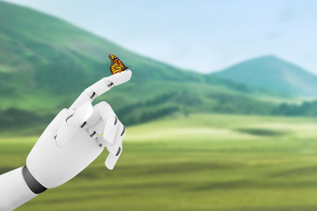 Robot hand with a butterfly on it's finger