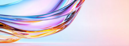 A clean 3D render of a glossy, flowing abstract curve with an iridescent, holographic color shift, perfect for modern presentations, product advertising, or website backgrounds. The bright white background and vibrant colors (pink, orange, blue) provide a luxurious and futuristic aesthetic.の素材
