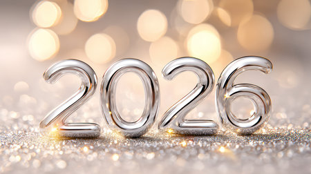 Polished silver metallic 2026 numbers on frosty white surface with warm golden bokeh lights.の素材
