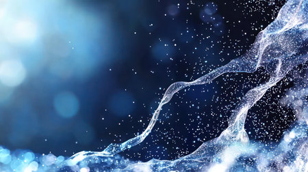 An abstract 3D render of a flowing digital wave or particle grid, ideal for use in corporate presentations, tech blogs, or marketing campaigns to represent data visualization, network connections, and the digital landscape. The deep blue color palette and shimmering bokeh lights evoke a sense of depth, security, and advanced technology.の素材