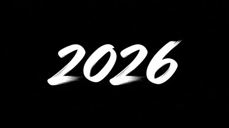 The number 2026 is rendered in dynamic white ink brush strokes with fluid, calligraphic flair against a solid black background, evoking a minimalist New Year celebration graphic for modern festive designs.の素材