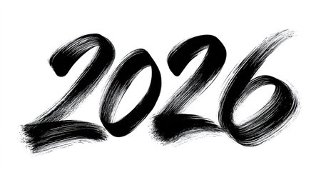 Expressive black ink brush strokes form the digits of 2026 with sweeping, gradient edges on a clean white background, capturing traditional Asian calligraphy essence for upcoming 2026 holiday visuals and branding.の素材