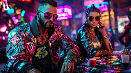 A cinematic scene of a stylish cyberpunk couple sitting at a bar, illuminated by vibrant neon lights, perfect for themes of futuristic nightlife, urban culture, and high-tech fashion. The image captures a cool, edgy, and immersive atmosphere of a dystopian future.の素材