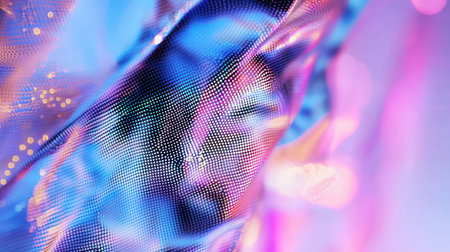 A visually striking 3D render of a flowing, wavy surface covered in a fine digital mesh, featuring a vibrant gradient of blue, pink, and purple, excellent for creative projects, fashion, or music-related content. This holographic and iridescent texture is ideal for conveying concepts of virtual reality, digital art, and modern design aesthetics.の素材