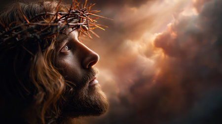 Majestic portrait of Jesus Christ wearing crown of thorns with blue eyes against dramatic heavenly cloud background.の素材
