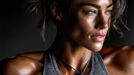 A dramatic close-up portrait of a determined Caucasian female athlete with a post-workout glow and sweaty skin, conveying intensity, hard work, and dedication, perfect for high-energy sports and fitness advertising. The dark background focuses attention on her strong features and intense gaze.の素材