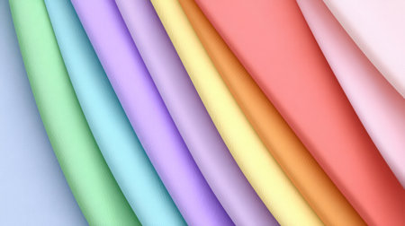 A neatly arranged set of pastel-colored fabric rolls forming a smooth, minimal textile background. Perfect for fashion branding, craft blogs, product presentations, social media templates, and creative design projects needing a soft and colorful aesthetic.の素材