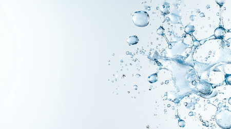 A clean 3D render of interconnected clear water bubbles or molecules, forming an abstract structure, perfect for medical, cosmetic, or scientific presentations and marketing materials. The bright white and light blue gradient background provides a sense of purity, hydration, and clarity with ample copy space.の素材