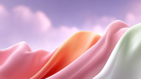 Soft flowing silky waves in vibrant pastel colors create a luxurious abstract background, ideal for branding, social media, product packaging, fashion visuals, and modern presentations. Smooth texture and elegant motion evoke calm, sophistication, and creativity.の素材