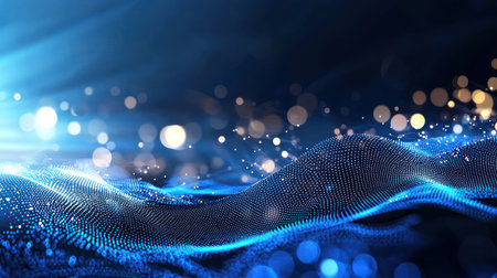 An abstract 3D render of a flowing digital wave or particle grid, ideal for use in corporate presentations, tech blogs, or marketing campaigns to represent data visualization, network connections, and the digital landscape. The deep blue color palette and shimmering bokeh lights evoke a sense of depth, security, and advanced technology.の素材
