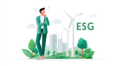 A modern, flat illustration of a businessman in a green suit with question marks above his head, contemplating ESG (Environmental, Social, and Governance) strategy next to wind turbines and a green city. This image is perfect for articles, blog posts, and presentations discussing corporate sustainability dilemmas, ethical investment decisions, and the future of green business.の素材